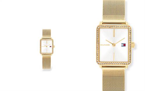 Crystal-set rectangular case, gold-tone mesh bracelet, clean silver-white dial — elegant, refined and jewellery-styled. | Source: Tommy Hilfiger