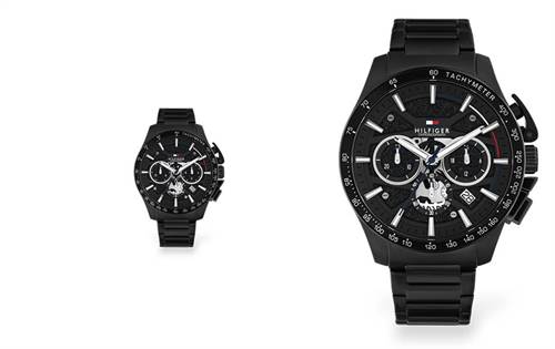 Black ion-plated finish, detailed chronograph display — bold, contemporary and purposeful design. | Source: Tommy Hilfiger