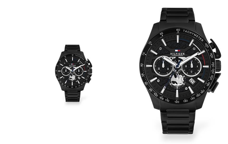 Black ion-plated finish, detailed chronograph display — bold, contemporary and purposeful design. | Source: Tommy Hilfiger
