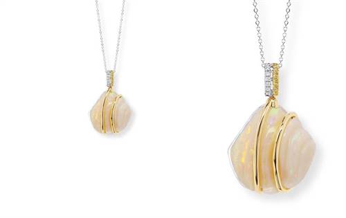 18ct white and yellow gold pendant, freeform Australian opal, reversible design, Argyle white and vivid yellow diamonds. | Source: Ellendale Diamonds