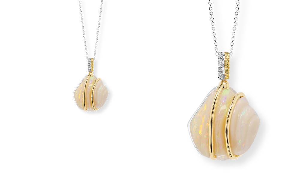 18ct white and yellow gold pendant, freeform Australian opal, reversible design, Argyle white and vivid yellow diamonds. | Source: Ellendale Diamonds