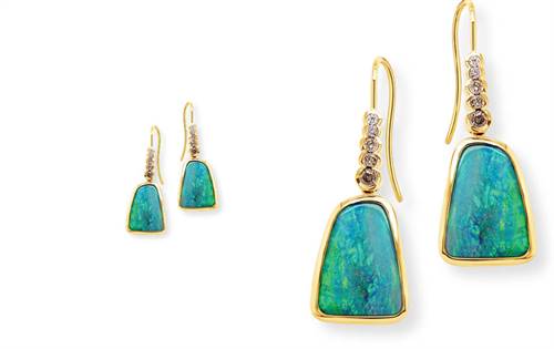 18ct yellow gold drop earrings, Australian boulder opals, set with Argyle champagne and white diamonds for refined luxury. | Source: Ellendale Diamonds