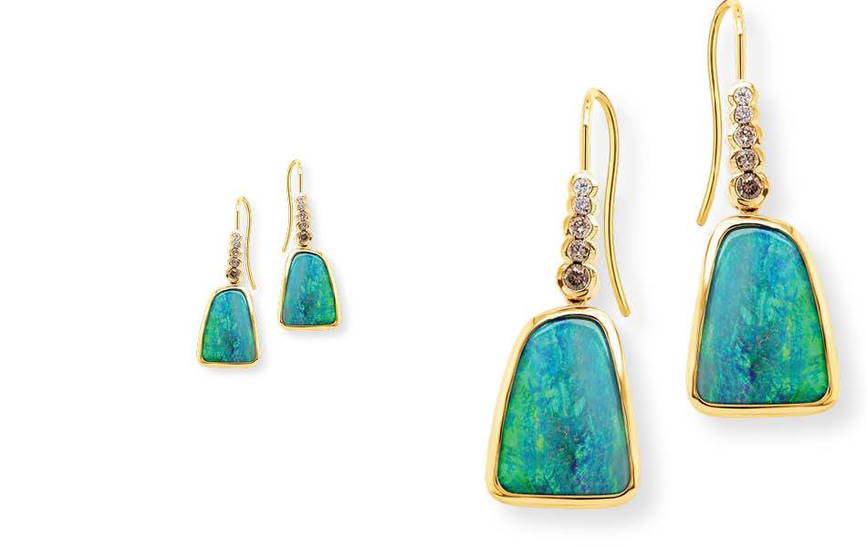 18ct yellow gold drop earrings, Australian boulder opals, set with Argyle champagne and white diamonds for refined luxury. | Source: Ellendale Diamonds
