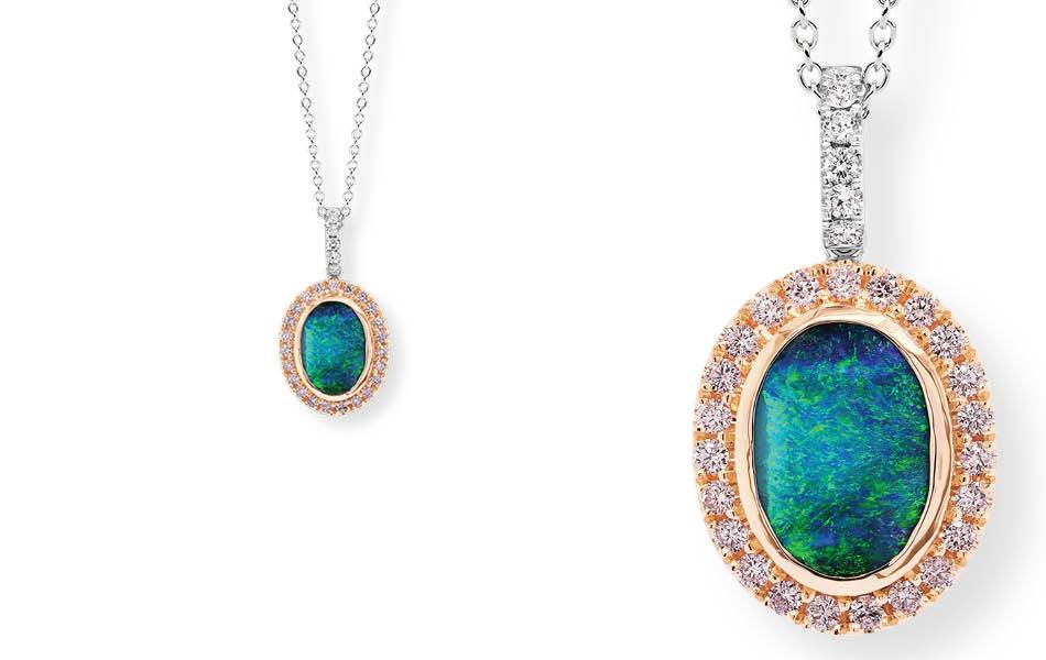 18ct white and rose gold pendant, Winton boulder opal, Argyle pink and white diamonds — luminous, timeless Australian luxury. | Source: Ellendale Diamonds
