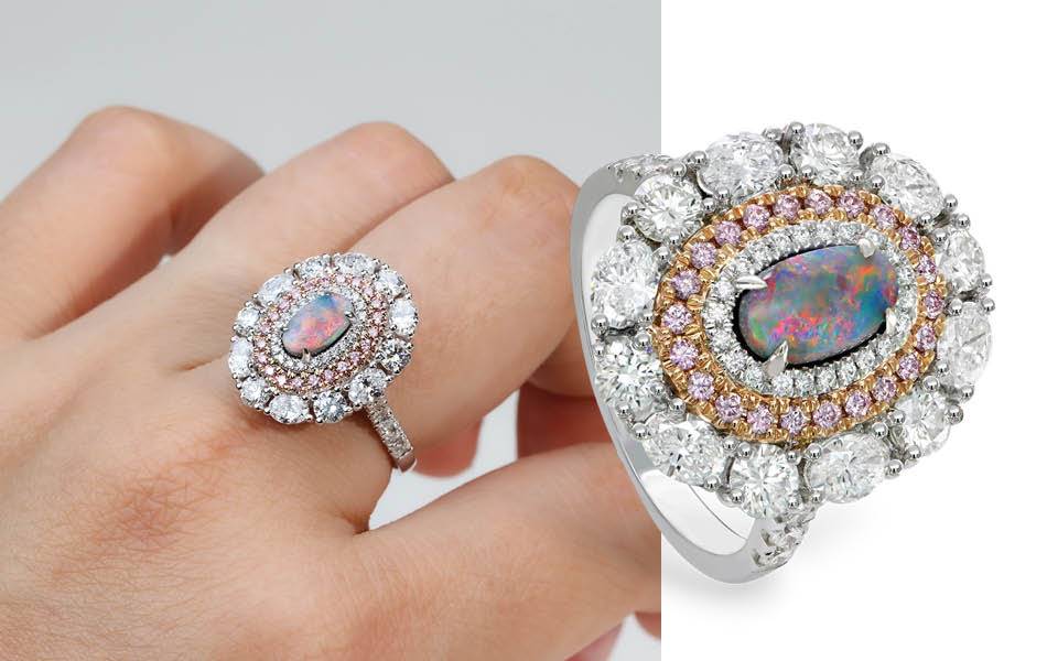 18ct rose and white gold, Australian black opal, double halo of Argyle pink and white diamonds. | Source: Pink Kimberley