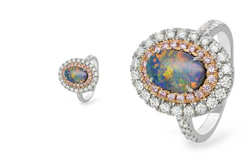 18ct rose and white gold, natural black opal, halo of rare Argyle pink and white diamonds. | Source: Pink Kimberley