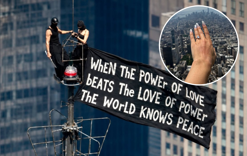 A Russian daredevil couple has climbed New York's Empire State Building and displayed a world peace banner as part of an elaborate marriage proposal that ended with their arrest. | Source: IMJUSTBAIT