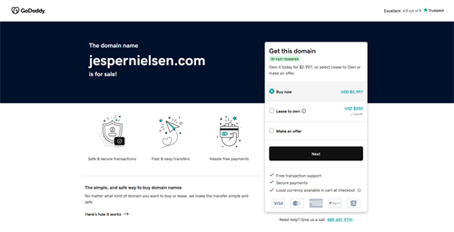 Screenshot of the GoDaddy domain listing for JesperNielsen.com ($2,997 USD)