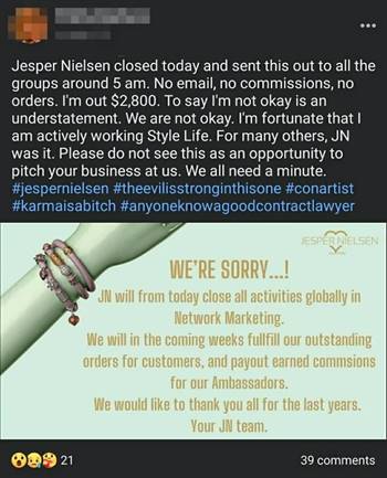 A Reddit post discussing the abrupt closure of JN Jewelry, with users alleging that thousands of distributors were affected before Jesper Nielsen launched another jewellery venture.