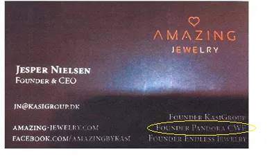 A business card presented as evidence in court listed Jesper Nielsen as the "Founder of Pandora", becoming a focal point in the long-running legal dispute. | Source: Wolters Kluwer