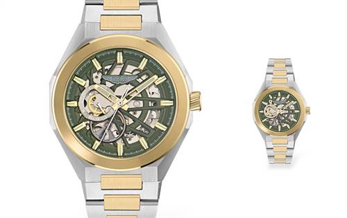 42mm two-tone steel case, green skeleton dial, matching bracelet — precision-crafted everyday luxury. | Source: Aston Martin