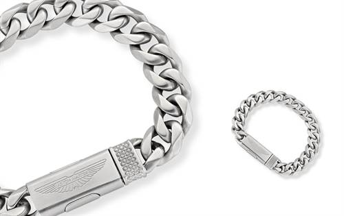 Precision-crafted links, wing-engraved clasp, reversible logo — bold, refined and distinctly styled. | Source: Aston Martin