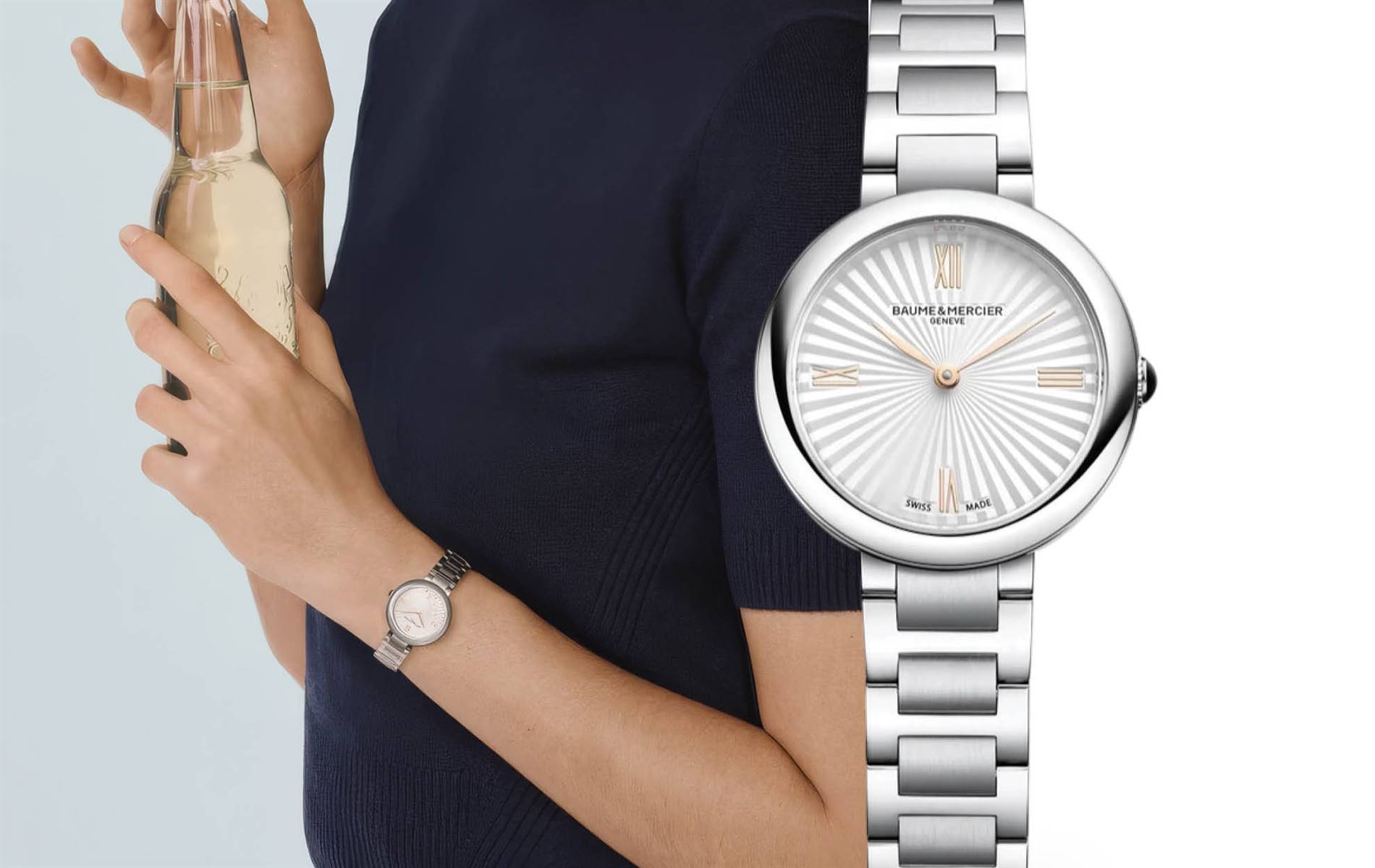 28mm steel case, silver satin dial, gold-tone hands — refined, elegant and beautifully proportioned. | Source: Baume & Mercier