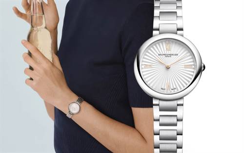 28mm steel case, silver satin dial, gold-tone hands — refined, elegant and beautifully proportioned. | Source: Baume & Mercier