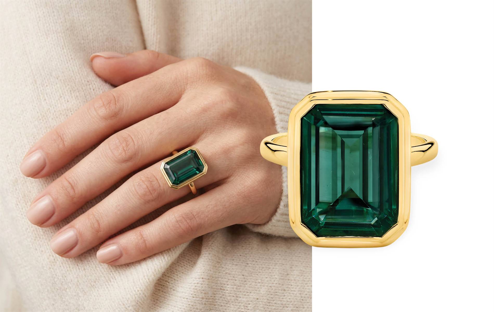 9ct yellow gold, bezel-set emerald-cut green quartz — modern yet timeless design. | Souce: Bolton Gems