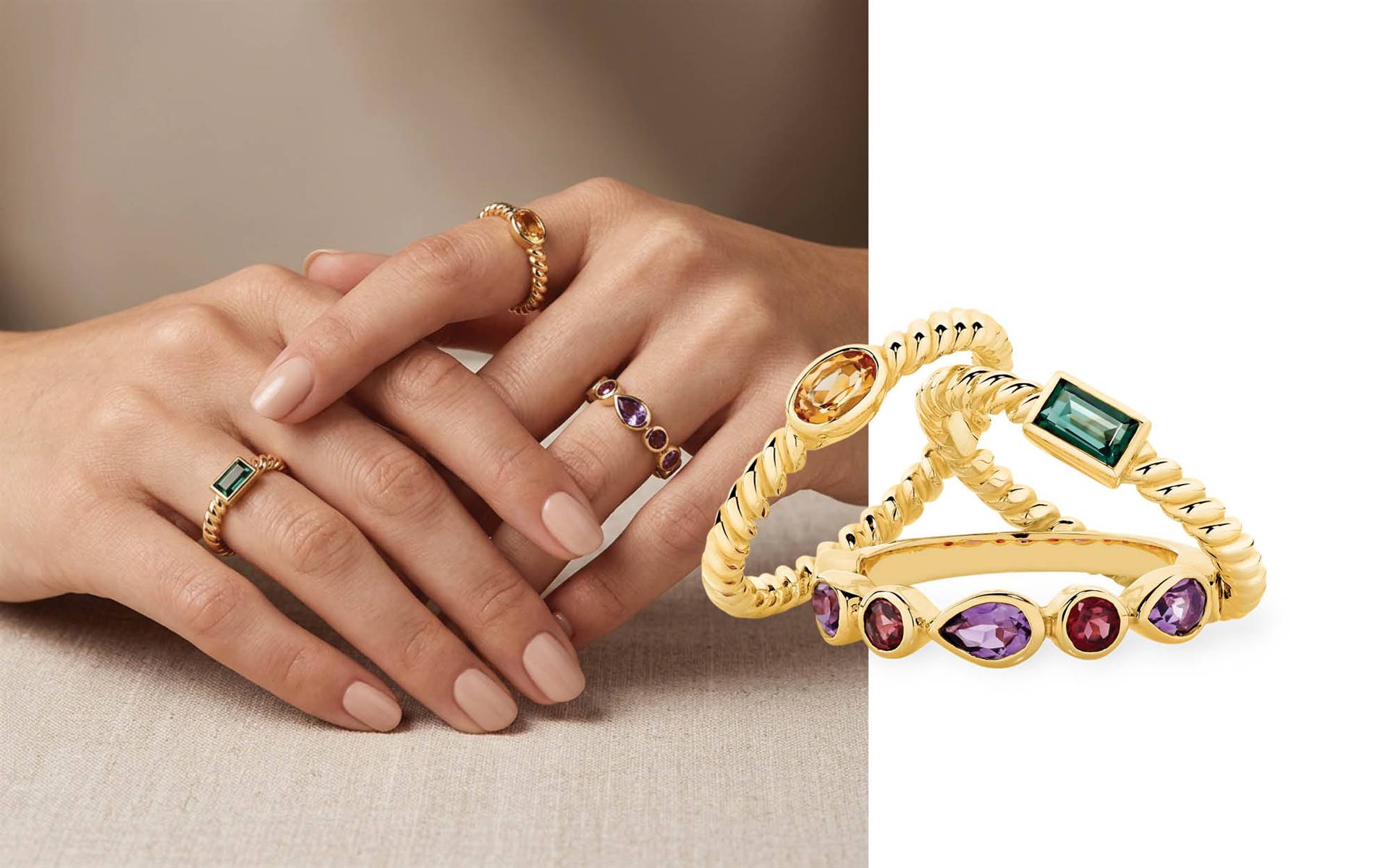 9ct yellow gold stacker rings: unique gemstone designs, wearable alone or layered for a personalised look. | Souce: Bolton Gems
