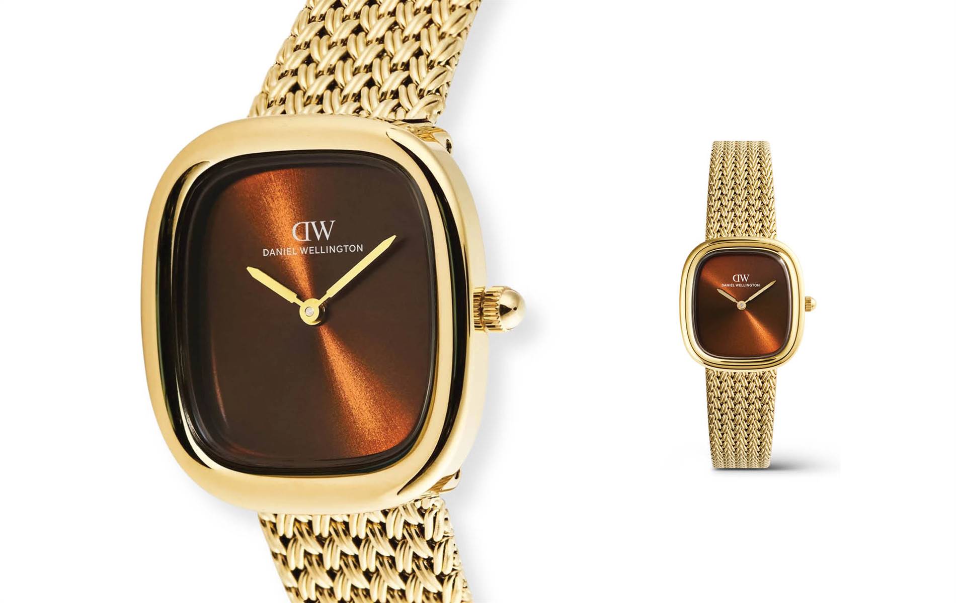 Vintage-inspired design, refined case and warm amber braided mesh strap — modern elegance. | Source: Daniel Wellington