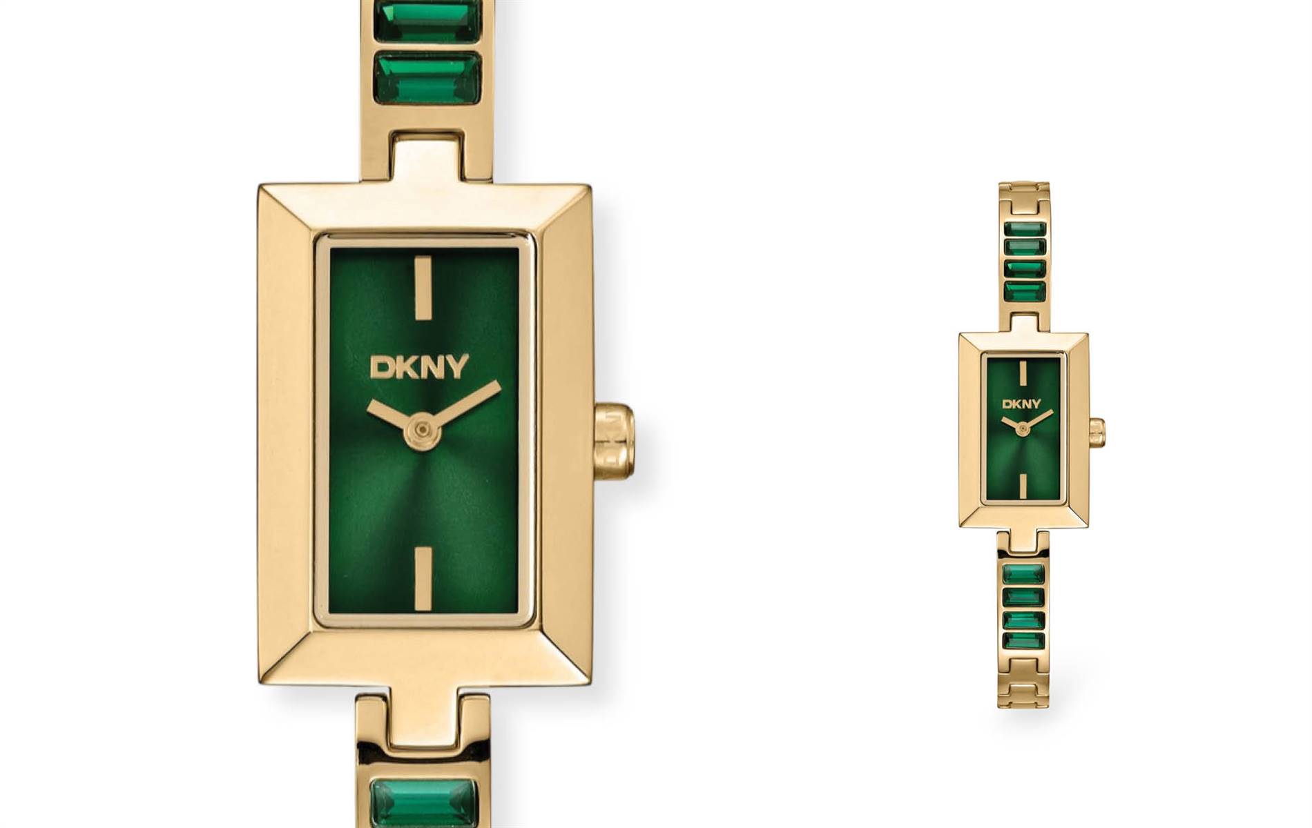 Sleek rectangular emerald-green dial, gold-tone link bracelet with striking green stone accents. | Source: DKNY