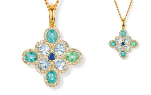 9ct gold pendant, emerald, aquamarine and sapphire with diamonds — timeless symbolism and elegance. | Souce: Gerrim International