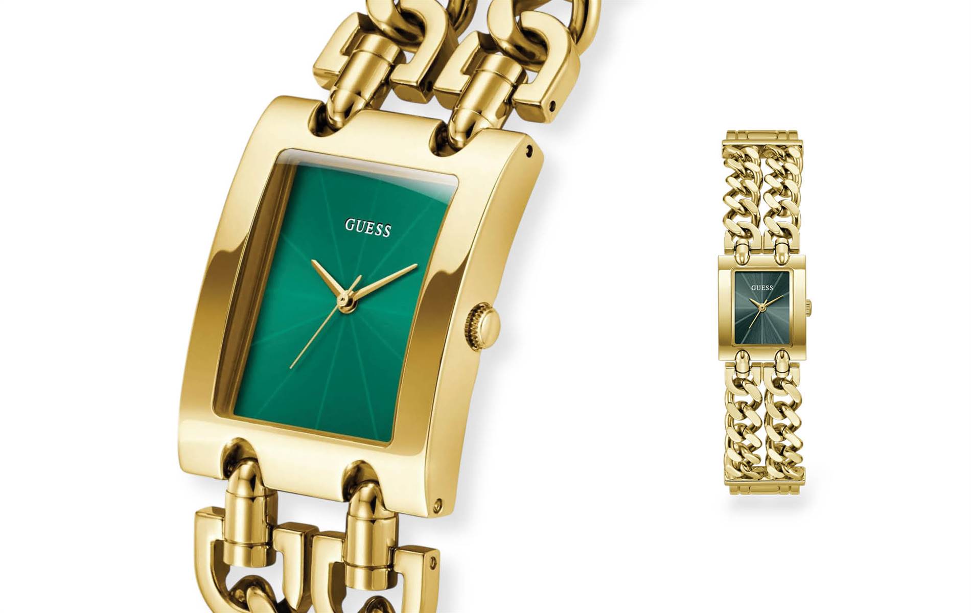 Refined gold-tone rectangular watch with green dial, sunray markers and minimalist elegance. | Souce: Guess