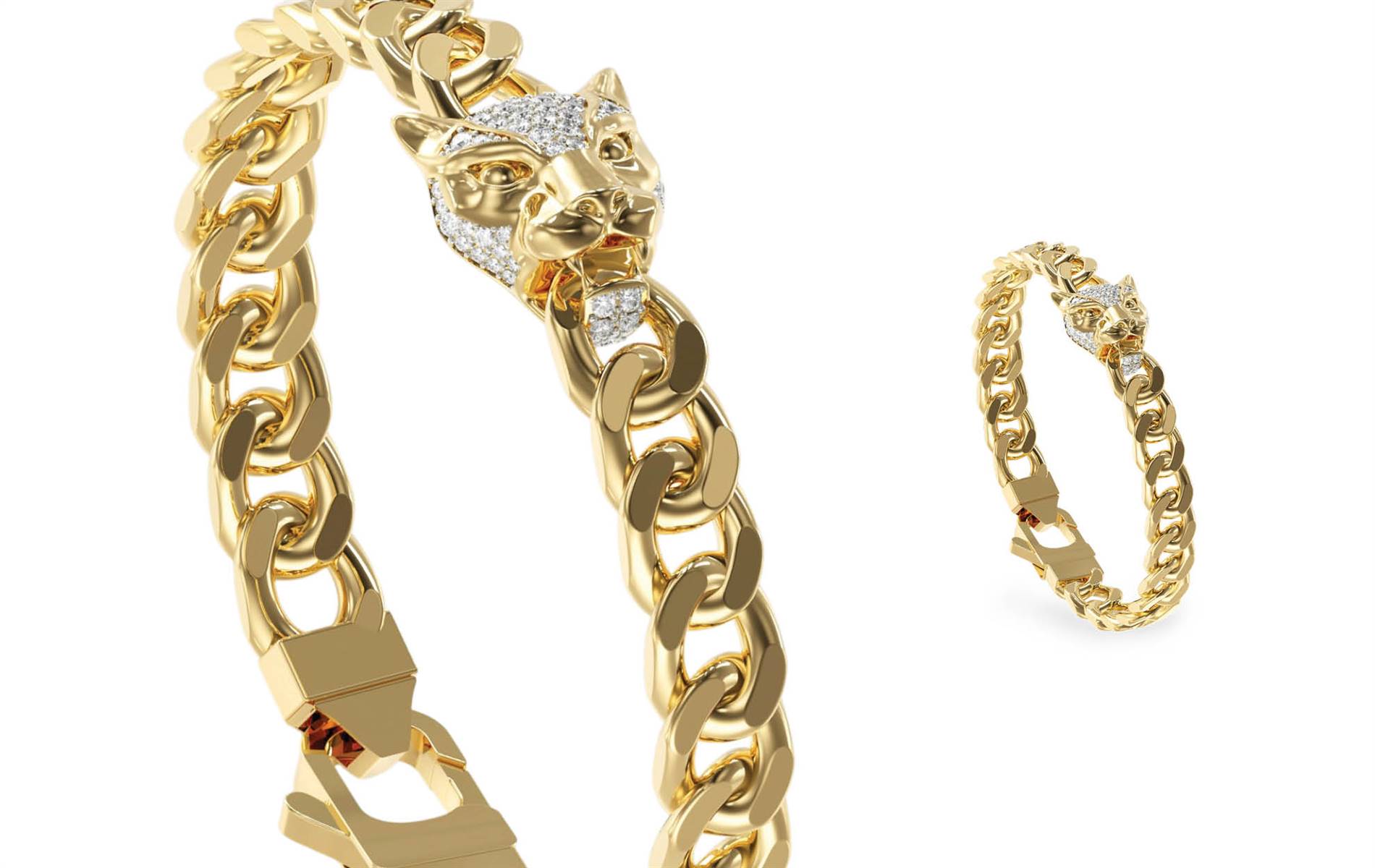 Gold-tone with diamond-cut steel, carbon-fibre and crystal panther motif — bold everyday style. | Souce: Guess