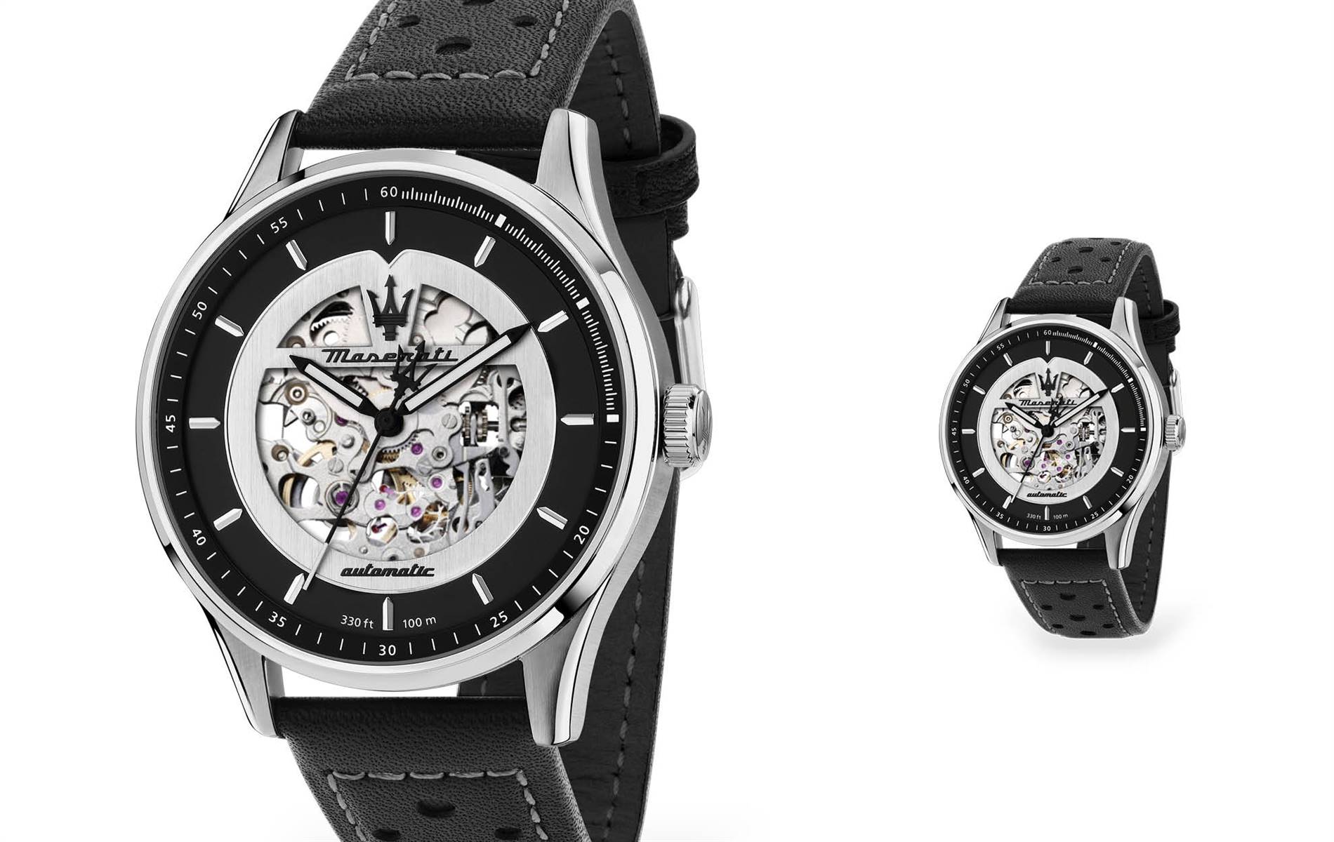 Italian skeleton watch — steel, leather strap, open dial, 100m water-resistant. | Source: Maserati