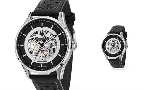Italian skeleton watch — steel, leather strap, open dial, 100m water-resistant. | Source: Maserati
