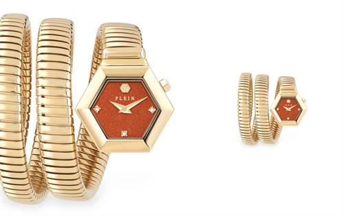 Striking hexagonal case, radiant sandstone dial — bold, luxurious sculptural design. | Souce: Philipp Plein