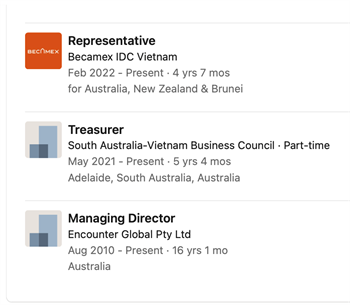Kadie Dinh’s LinkedIn profile originally stated she had been managing director of Encounter Global since 2010 (16 years) even though the company was only registered three years ago.