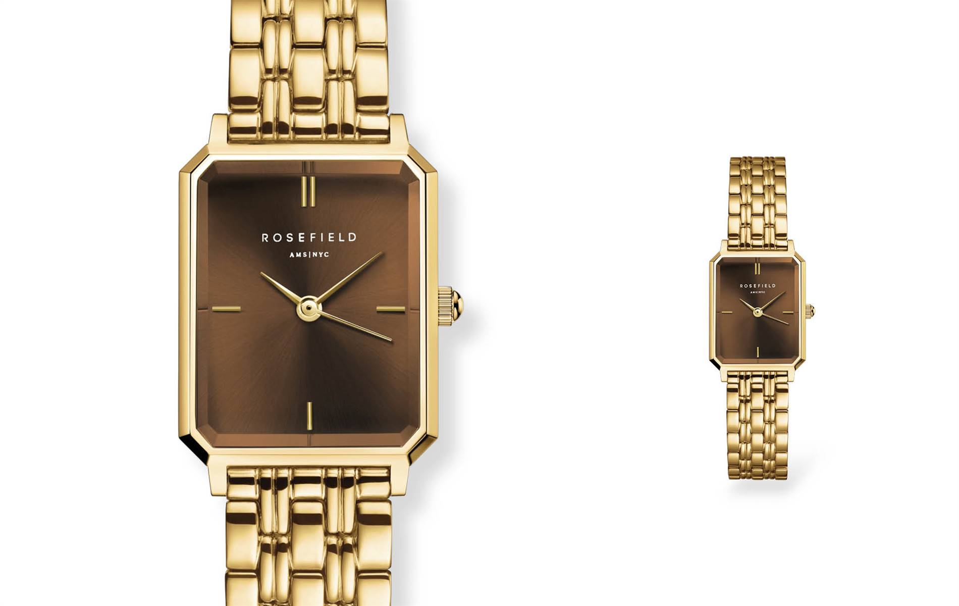 Gold-tone case, chocolate dial, easy-adjust bracelet — architectural elegance for everyday wear. | Source: Rosefield