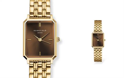 Gold-tone case, chocolate dial, easy-adjust bracelet — architectural elegance for everyday wear. | Source: Rosefield