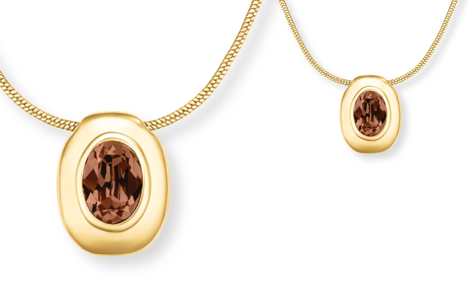 Rosefield Mocha pendant, gold-plated steel with brown Swarovski crystal — hypoallergenic, versatile everyday elegance. | Source: Rosefield