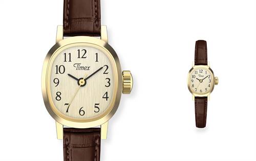 17mm gold-tone cushion case, domed crystal, LWG-certified brown leather strap. | Source: Timex