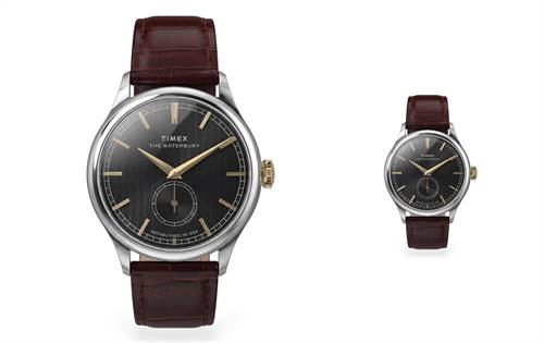 Silver-tone case, gold details, textured dial, brown crocodile-grain leather strap. | Source: Timex