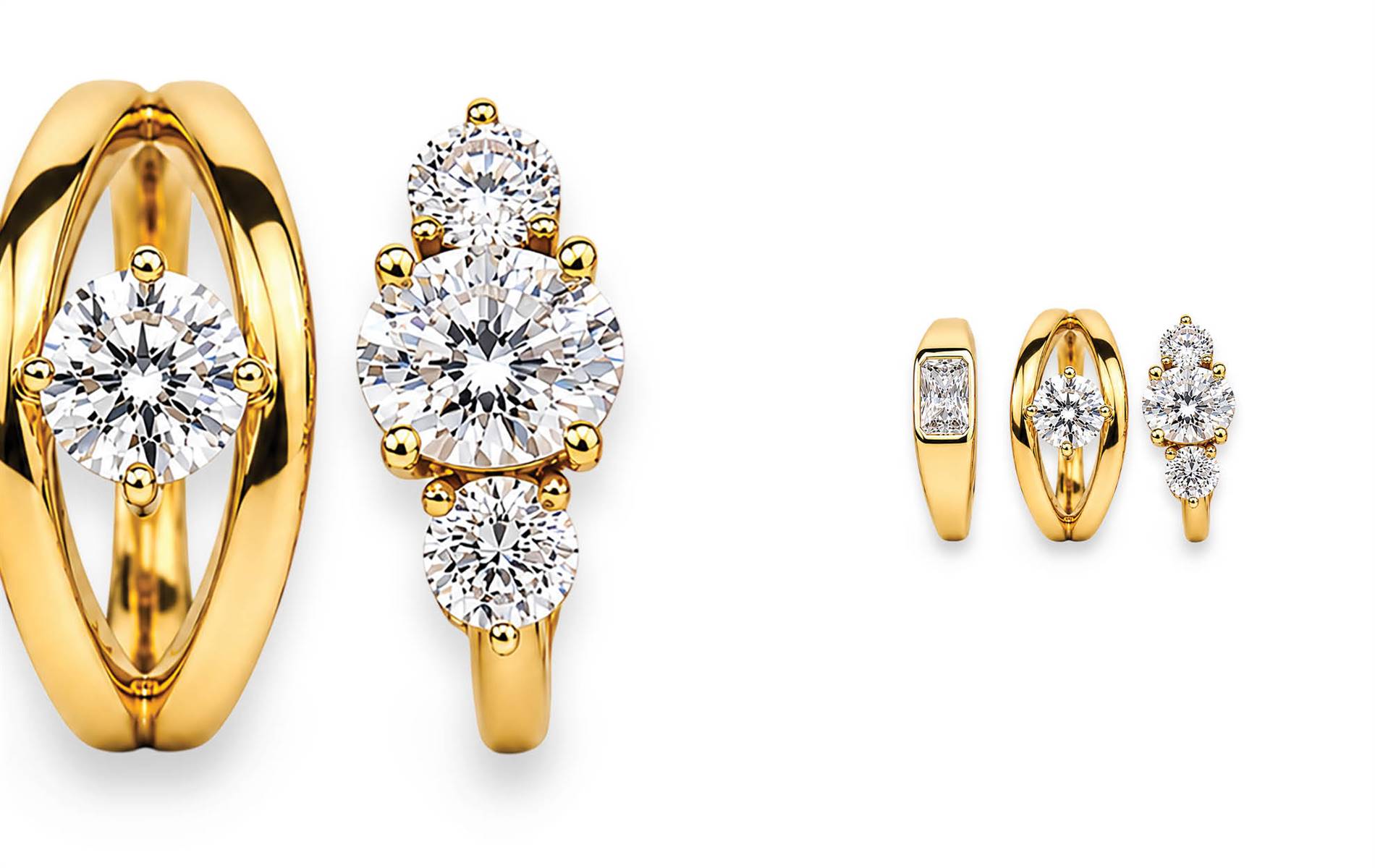 Contemporary bespoke rings — sculptural designs, set with diamonds or gemstones in any precious metal. | Source: Worth & Douglas