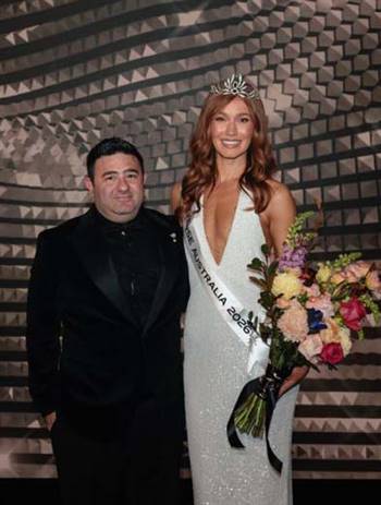 Jeweller Stelios Palioudakis with the 2026 Miss Universe Australia