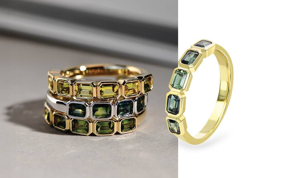 Sapphire Dreams Bezel Stacker Bands: polished settings, Australian sapphires — versatile, elegant, contemporary designs. | Source: Sapphire Dreams