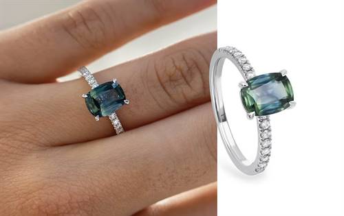 Distinctive Australian cushion-cut sapphire with diamond accents — elegant, individual engagement style. | Source: Sapphire Dreams