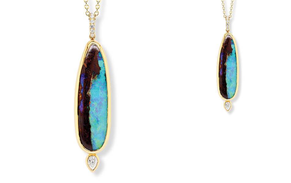 18ct gold pendant - vivid blue-green Australian boulder opal accented with fine Argyle diamonds. | Source: Ellendale Diamonds