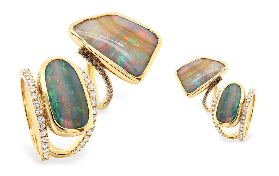 Gold rings - vivid Australian boulder opals, elegantly accented with fine Argyle diamonds. | Source: Ellendale Diamonds
