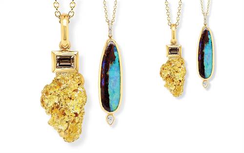 18-carat gold pendants celebrating Australian treasures: one with a natural gold nugget and emerald-cut Argyle champagne diamond; the other with vivid blue-green boulder opal accented by Argyle white and pear-shaped diamonds. | Source: Ellendale Diamonds