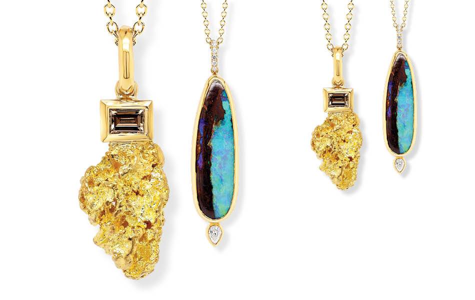 18-carat gold pendants celebrating Australian treasures: one with a natural gold nugget and emerald-cut Argyle champagne diamond; the other with vivid blue-green boulder opal accented by Argyle white and pear-shaped diamonds. | Source: Ellendale Diamonds