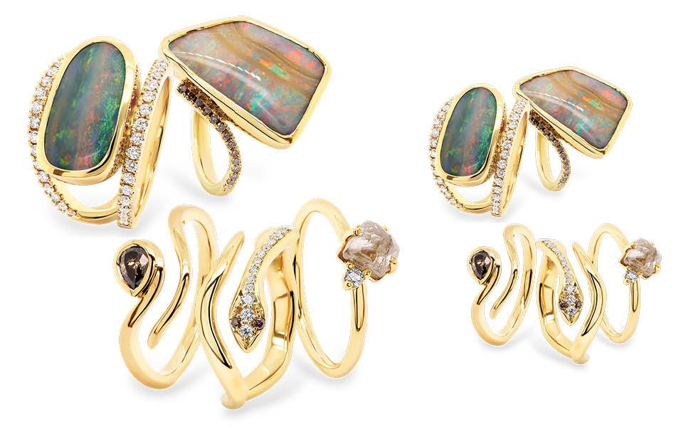 Premium 9ct and 18ct gold rings showcasing Australian boulder opals and fine Argyle diamonds in elegant, distinctive designs. | Source: Ellendale Diamonds