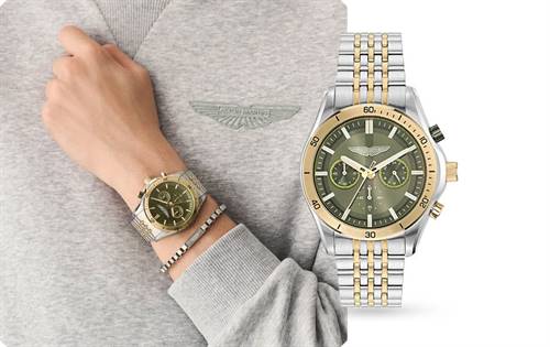 42mm two-tone steel case, Bertelli Green dial, precision movement, engraved wings. | Source: Aston Martin