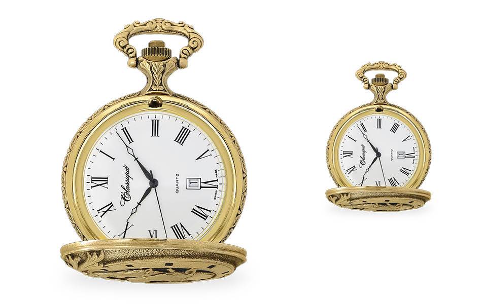 Engraved equestrian design, Swiss Quartz movement, includes chain — distinctive and meaningful gift. | Source: Classique