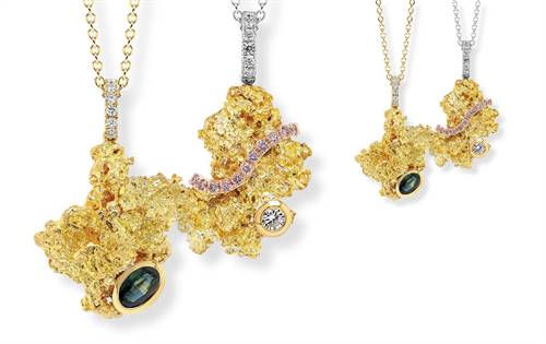 18ct gold pendants with Australian gold nuggets — paired with Argyle pink & white diamonds or Australian sapphires. | Source: Ellendale Diamonds