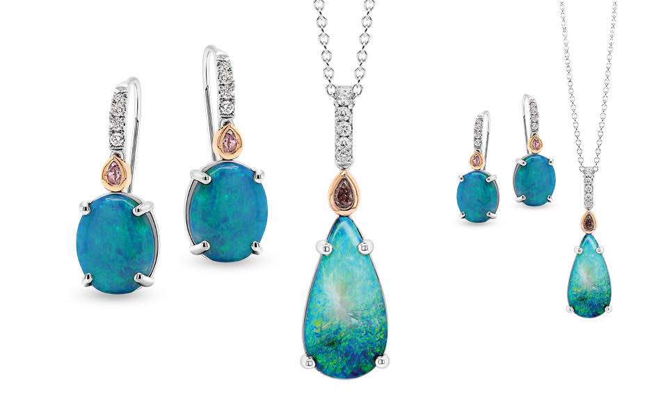 18ct white & rose gold pendant and earrings — vivid Australian opals with Argyle pink & white diamonds. | Source: Ellendale Diamonds