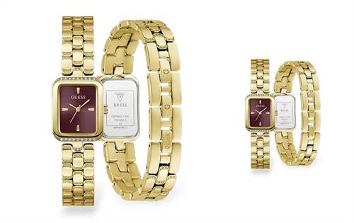 Burgundy dial with crystal detailing, scalloped bracelet, adjustable links — timeless, versatile style. | Source: Guess
