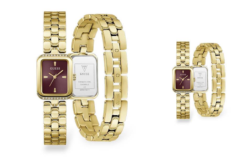 Burgundy dial with crystal detailing, scalloped bracelet, adjustable links — timeless, versatile style. | Source: Guess