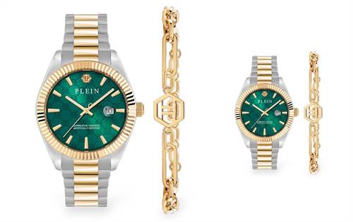 Green monogram dial, two-tone recycled steel bracelet, gift set with matching bracelet — bold everyday style. | Source: Philipp Plein